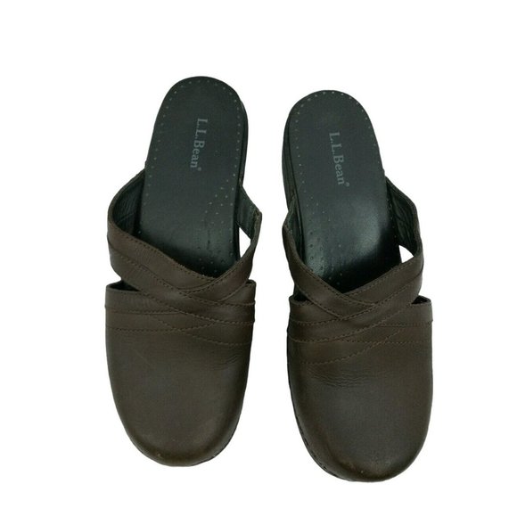 LL Bean Shoes 7.5M 39 Brown Leather Slide On Clogs Expandable Comfortable - Picture 2 of 10